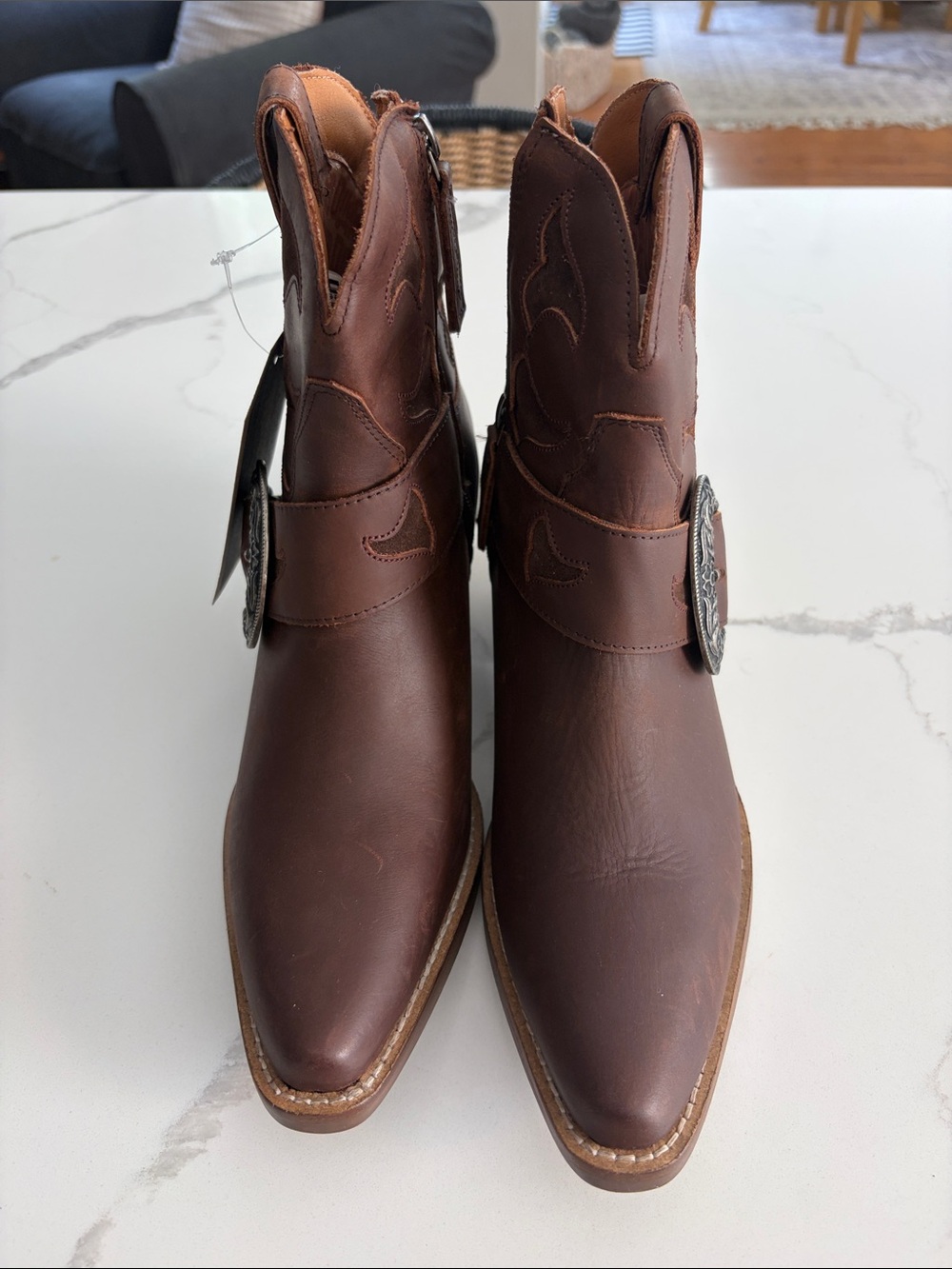 DINGO Brown Leather Western Ankle Boots with Decorative Buckle - Picture 2 of 5